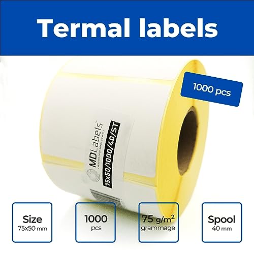 MD Labels Weiße Thermoetiketten auf Rolle 75 × 50 mm – 1.000 Stück, permanent haftend, selbstklebende Barcode-Etiketten zur Beschriftung