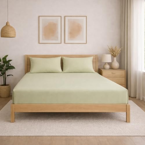 Image of THE HOME STYLE Solid Plain Cotton Feel Fitted Bedsheet (72x78 inches) with Reversible Comforter (90x100 inches) | King Size | 2 Pillow Covers | 300 TC | 4-Piece Bedding Set (Sage Green)