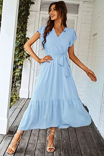 PRETTYGARDEN Women's Summer Floral Boho Maxi Dress Wrap Short Sleeve V Neck Ruffle A-Line Flowy Wedding Guest Long Dresses