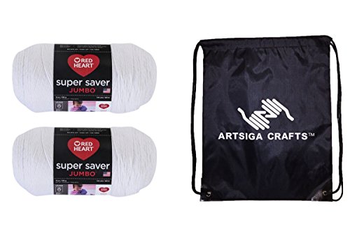 Red Heart Knitting Yarn Super Saver Jumbo White 2-Skein Factory Pack (Same Dyelot) E302C-311 Bundle with 1 Artsiga Crafts Project Bag