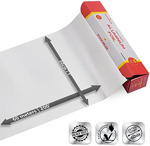 STACKABLES ~ Extra Long 18 Micron Heavy Duty Aluminium Kitchen Foil ~ Food Service Catering Aluminium Foil Roll Wrap Sheet 30cm X 60 Meters