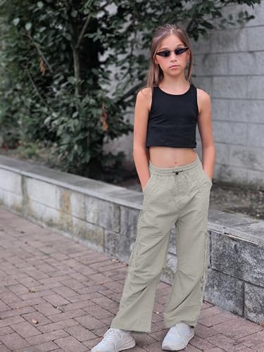 Image of Rolanko Wide Leg Girls Parachute Cargo Pants for Girls Butterfly Y2K Kids Cargo Jogger Trousers with Pockets Loose Fit