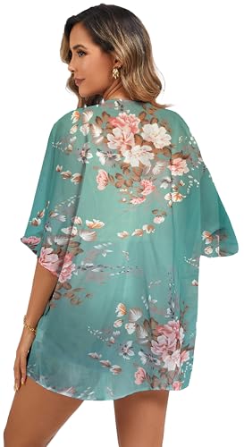 Image of FINOCEANS Womens Floral Chiffon Kimono Cardigans Loose Beach Cover Up Half Sleeve Tops