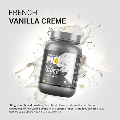 Image of MuscleBlaze Biozyme Performance Whey Protein Powder, French Vanilla Creme (1kg / 2.2lbs) | 25g Protein Per Scoop | Clinically Tested 50% Higher Protein Absorption