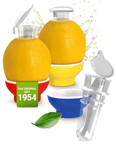 Patent-Safti 3 x Entsafter I Der Originale Safti Ausgießer für Zitronen, Orangen etc. I Einfacher als Jede Zitronenpresse oder Saftpresse I (Blau Rot Gelb)