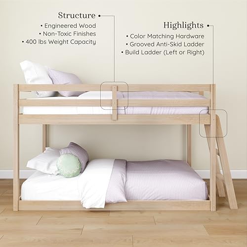 image for Grain & Grove Bear Twin Over Twin Bunk Bed, Low Bunk Bed Frame for Kid
