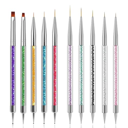Magic Armor 10pcs Nail Art Brushes - Double Ended Liner & Dotting Tools Set, Shiny Handles, Easy To...