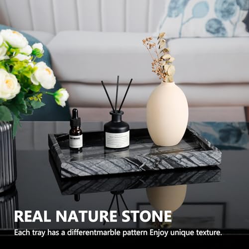 Image of Real Natural Marble Tray for Bathroom, Vanity, Kitchen and Desktop, Rectangle Genuine Marble Stone Tray for Jewelry, Cosmetics, Candles, Lotion, Perfume (Wood Grain, 12 inch x 8 inch x 1.2 inch)