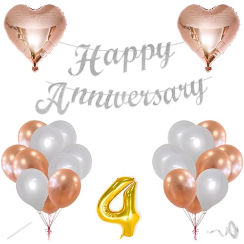 Image of Flyloons 4th Happy Anniversary Decoration Items Rose Gold White for Men Women Husband Wife Mom Dad Parent Couple Home Bedroom Car With 20 Pcs Metallic Balloons Anniversary Banner 2 Pcs Heart Set Kit
