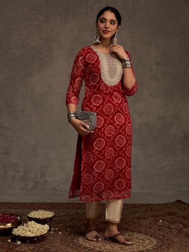 Image of INDO ERA Women's Georgette Leheriya Printed Straight Calf Length Kurtas (IEAI12232)