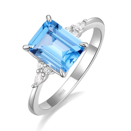 SHINYSO 3CT 925 Sterling Silver Engagement Rings for Women Emerald Cut Created Blue Aquamarine Solitaire CZ Wedding Band Promise Ring Size 5-10 (Size 7)