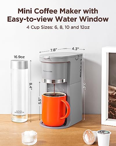 Famiworths Mini Coffee Maker Single Serve, Instant Coffee Maker One Cup for K Cup & Ground Coffee, 6 to 12 Oz Brew Sizes, Capsule Coffee Machine with Water Window and Descaling Reminder, Gray