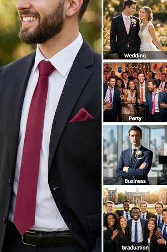 Image of HISDERN Mens Ties Solid Color Ties for Men Formal Necktie with Pocket Square Set Satin Silk Neck Tie Handkerchiefs Set