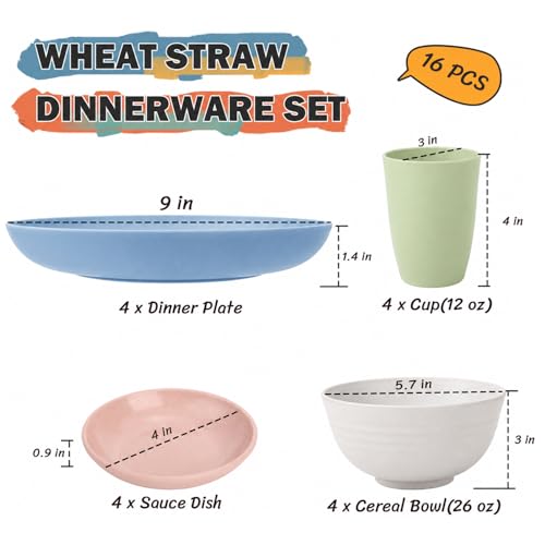 Image of Wheat Straw Dinnerware Sets for 4, 16 Piece Unbreakable Kids Dinnerware Set, Toddler Plates and Bowls Sets, Kitchen Plates and Bowls Set, Lightweight Dish Set for Travel Camper Dishes - Colorful