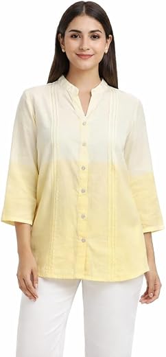 DESIGNALLY Women's Cotton Linen Short Kurti Top | Mandarin Collar 3/4 Sleeve Button-Down Tunic | Casual Office Wear Summer...