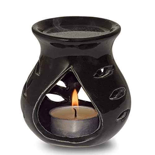 Image of Pure Source India Ceramic Aroma Oil Diffuser Gift Set with 10ML Relaxing Oil & Tealight Candles | 97 Burner for Home Fragrance & Relaxation | Ideal for Gifting & Home Decor (Black)