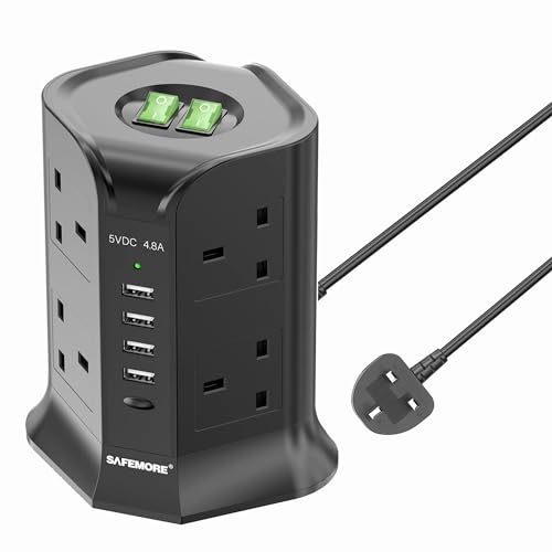 Tower Extension Lead with USB Slots 8 Way Multi Plug Extension Lead Surge Protection Tower Extension Cord with Switch Tower Plug Extender Power Strip with 3M Cable for Home School Office Kitchen