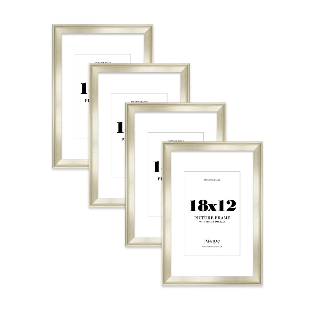 18x12" Silver Picture Frame with 12x8" Mount - Shabby Chic Photo Frame with Distressed Finish, Wall Hooks, 32mm Edge - 4 Pack