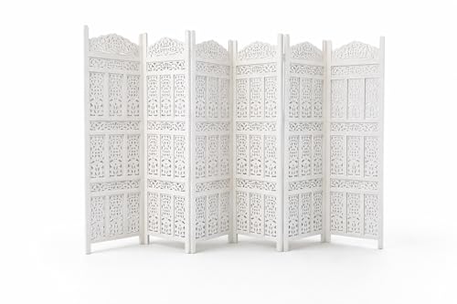 Image of Home & Goods International Wooden Room Divider Partition - Foldable Screen Separator for Living Room, Bedroom, Office, Restaurant || Kangra Badrun Design, White (6 Panel)