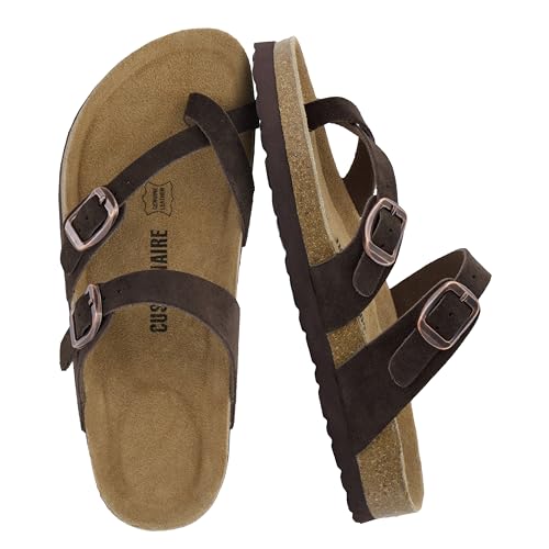 Image of CUSHIONAIRE Lucky 100% Genuine Leather Suede Womens Sandals, Comfortable Cork Footbed Slides for Women with Adjustable Buckles