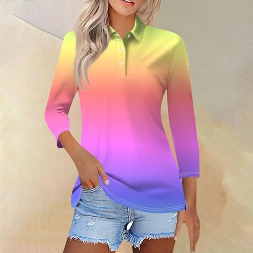 Camisetas femininas para outono 2024 manga 3/4 lapela gola botão camisa casual blusas túnicas roupas