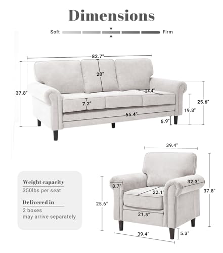 Image of Kingfun 3 Seater Couch, Mid Century Modern Sofa Set with Rolled Arms and Deep Seats, Fluffy Comfort for Living Room, Apartment, Easy Assembly, Beige