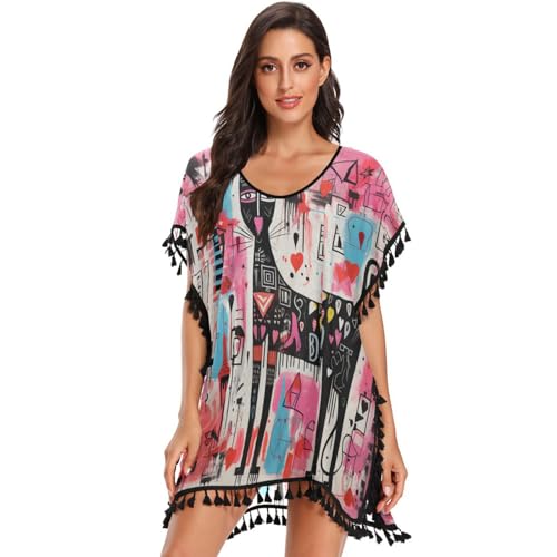 Majestic Horse Abstract Art Heart Women's Beach Cover Up Chiffon Tassel Swimwear Swimsuit Coverups for Girl