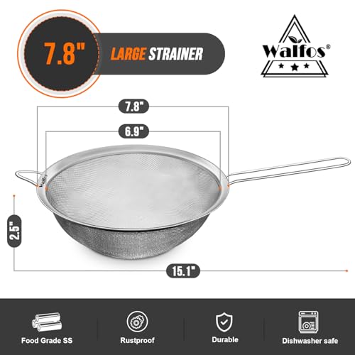 Image of Walfos Fine Mesh Strainers, Premium Stainless Steel Colanders and Sifters, with Reinforced Frame and Sturdy Handle, Perfect for Sift, Strain, Drain and Rinse Vegetables, Pastas and TeaiE†8 inch)