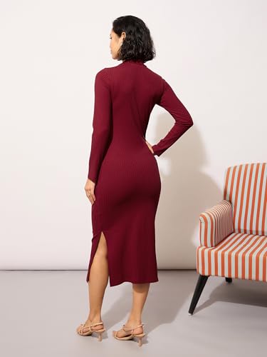 Image of barcino Black Rib High Neck Front Half Zipper Dress