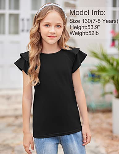 Image of Girls T Shirts Ruffle Short Sleeve Round Neck Loose Blouse Summer Solid Color Casual Girl Tee Tops for 3-12 Years