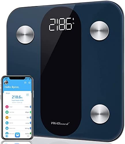 Body Fat Scale, WeGuard Bluetooth Digital Bathroom Scale with Heart Rate Tracking High-precision BMI Smart Scale, Fitness Body Composition Analyzes with Smartphone App, 15 Measurements, 396lbs - Black