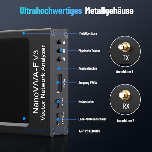 Seesii NanoVNA-F V3 Antennenanalysator, Aufgerüsteter Vektor-Netzwerk-Analysator 1MHz-6GHz 4,3 Zoll HF VHF UHF VNA Für S-Parameter Spannung SWR Phase Delay, Smith Chart