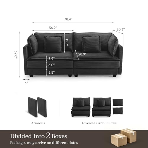 Image of 78.4 inch Corduroy Loveseat, Small Sectional Sofa for Small Spaces, Apartment, Home Office, or Cozy Corner, Black