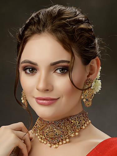 Image of Shining Diva Fashion Stylish Fancy Pearl Choker Traditional Jewellery Set for Women | Temple Necklace Set | Festive Wedding Party Necklace | 22k Gold Plated | Just Like Original Gold Jewellery