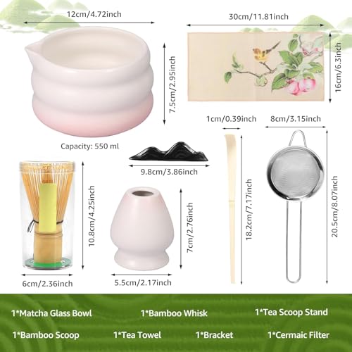 Image of NIHUIFDPY 7-Piece Traditional Japanese Matcha Tea Set - Includes Ceramic Matcha Bowl (550ml), Bamboo Whisk (Chasen), Whisk Holder, Scoop & Stainless Steel Sifter - Authentic Home Tea Ceremony Kit