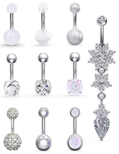 Scerring 14G Stainless Steel Belly Button Rings Navel Jewelry Bars Clear Cubic Zirconia Opal Stone Piercing Studs 10Pcs Silver #TOP21
