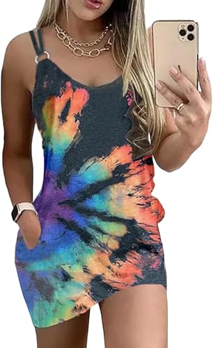 Image of Women's Live Simple Coconut Tree Color Block Mini Dress Spaghetti Strap Halter Strap Sleeveless Mini Dress with Pockets