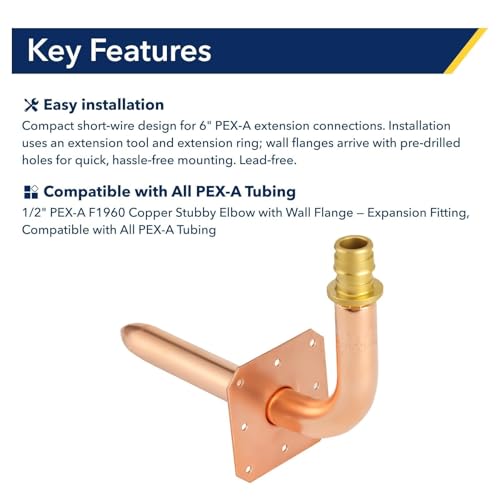 PLUMBINGMASTER Ccopper Stub Out Elbows with Wall Flange，F1960 Stub Out 1/2\"-6inch Lengh Easy to Install, Lead-Free Stub Out Elbows Adapted to Pex A Tubing（10pcs） - Thumbnail 5
