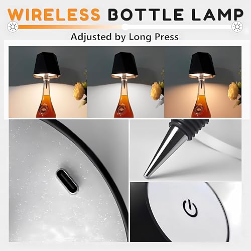 Image of JKEYES 2Pcs Wireless Bottle Lamp 3 Color Stepless Lamp 5000mAh Battery Powered Table Lamp Cordless Table Lamp, Rechargeable LED Desk Lamp for Bedroom, Restaurant & Bar, Gifts(Black)