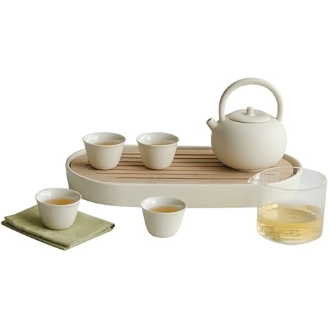 WENSHUO Chihiro Kungfu Tea Set with Loop Handle&Infuser,Warm Matte Cream Glaze,with Bamboo Serving Tray,Birthday/Party Gifts Cover