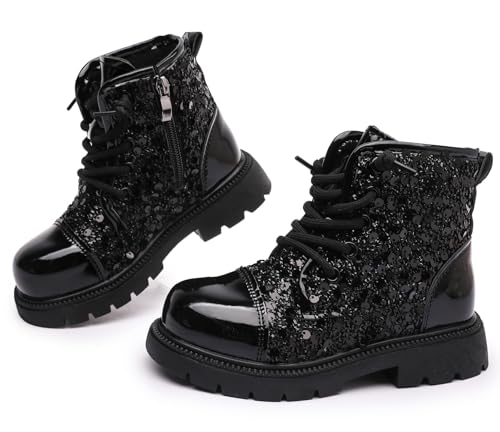 DADAWEN Boy's Girl's Glitter Sequin Ankle Boots Lace Up Waterproof Combat Boots with Side Zipper for Toddler/Little Kid/Big Kid Black US Size 12 M Little Kid