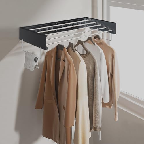 CEIEVER Wall Mounted Clothes Drying Rack, Laundry Drying Rack Airer 80/100CM Clothes Drying Rack Collapsible Folding Retractable Clothes Drying Rack for Indoor or Outdoor (Black-80CM) - Image 2