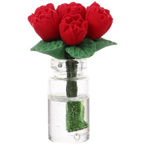 MUCKLILY Mini Flower Decor Faux Roses Artificial Indoors Aesthetic Decorative Interior Simulated Flora for Car Dashboard Accessories Car Decorations Mini Flower Home Decor Resin Red