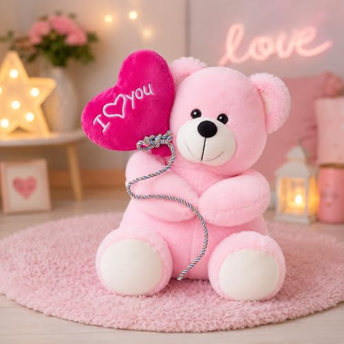 Image of Plush Teddy Bear with Pink 'Happy Birthday' Balloon, 20 cm, Soft Velvety Material