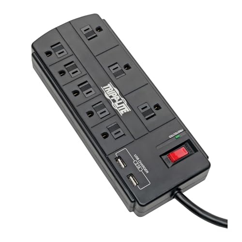 Tripp Lite Surge Protector with USB Charging, 8 Outlet Surge Protector Power Strip, 2 USB Charge Ports, 8ft Cord, 1200 Joules, Black (TLP88USBB)