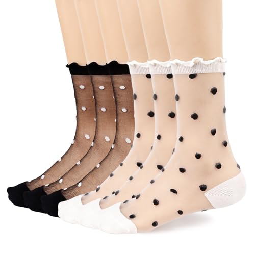 bropapa Women's Sheer Socks Ruffle Frilly Nylon Polka Dots Stockings Summer Ultra Thin Cool See Through Cute Calf Novelty Socks for Girls 6 Pack