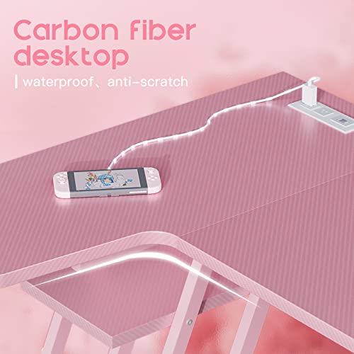 Motpk Gaming Desk With Power Outlet, L Shaped With Pc Shelf, Gaming Table Desk With Monitor Shelf, Gamer Desk With Carbon Fiber Texture, Desk Gaming Computer Desk, Piggy Pink, 39 Inch #TOP5