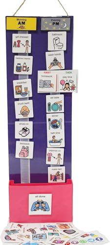Two Strip Night & Day Daily Schedule Great Visual Behavioral Tool for Structure at Home, School & in The Community. (Purple -2 Strips, 73 Icon Laminate Cards)