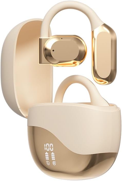 Wireless Bluetooth 5.3 Open-Ear-Headphones HiFi Sound Quality with Noise Cancellation,Air Conduction with Earhooks for Workout Driving Walking,Beige