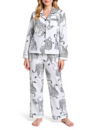 Women's 2 Piece Pajama Sets Print Long Sleeve Button Down Shirt and Pants Sleepwear Sets3